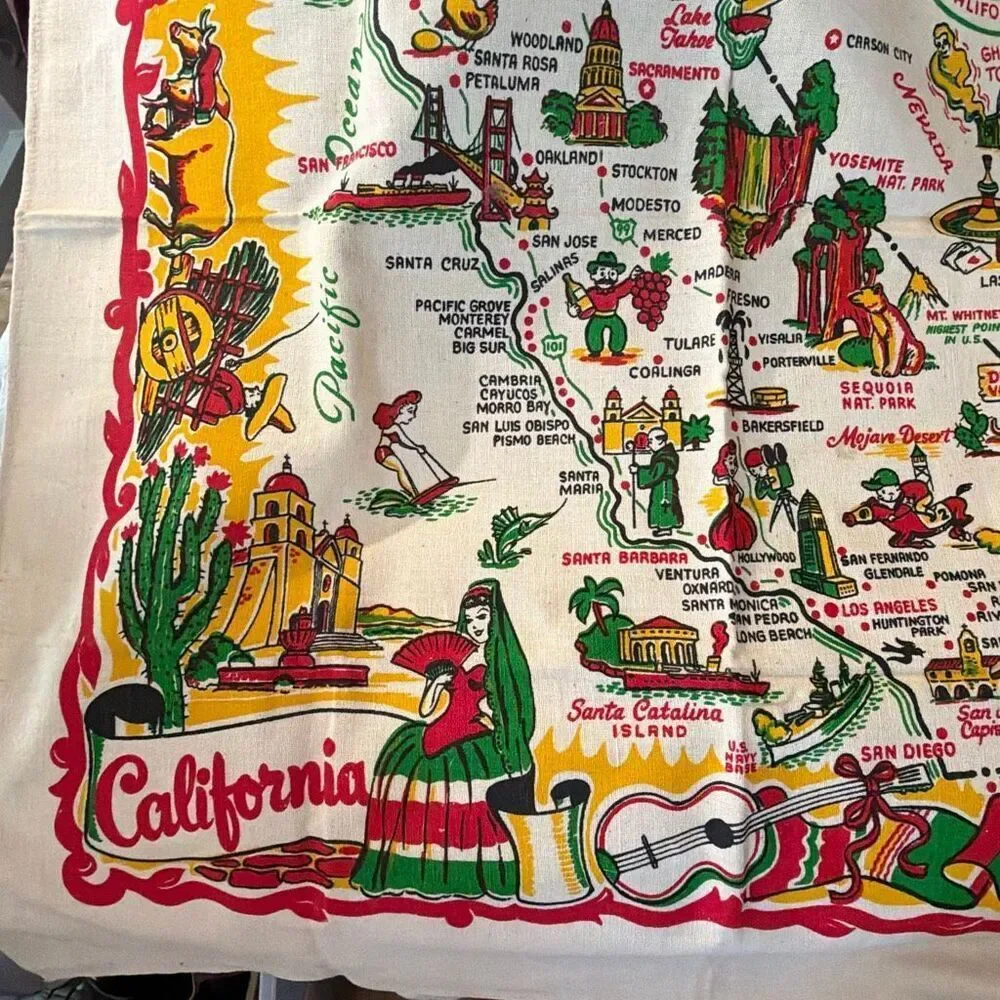 Vintage California State Landmarks Souvenir Tablecloth Cactus Cloth